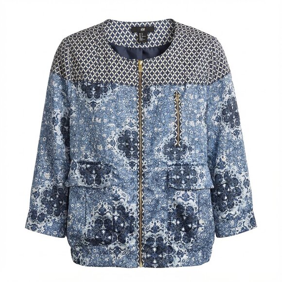 H&M Jackets & Blazers - H&M Blue Bomber Jacket with Ornate Design